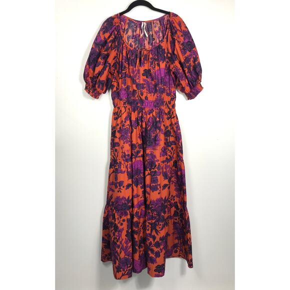 Anthropologie Women's M Somerset Puff Sleeve Maxi Orange Purple Floral Dress - Picture 2 of 15